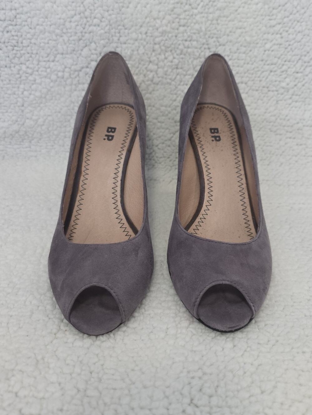 BP Gray Suede Leather Shoe Peep Toe Classic Stiletto Pump Heel Womens Size 7.5M
